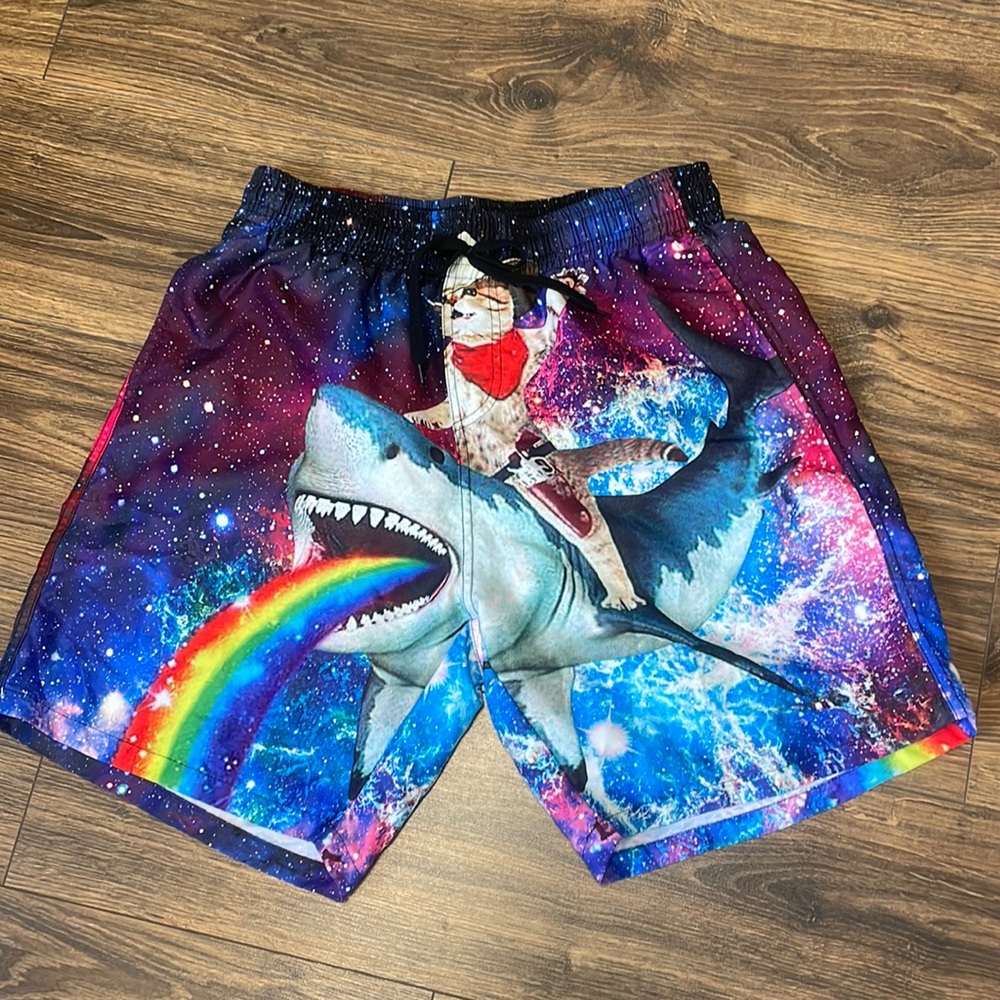 Men’s Swim Trunks - Cat Riding a Shark w/Rainbow